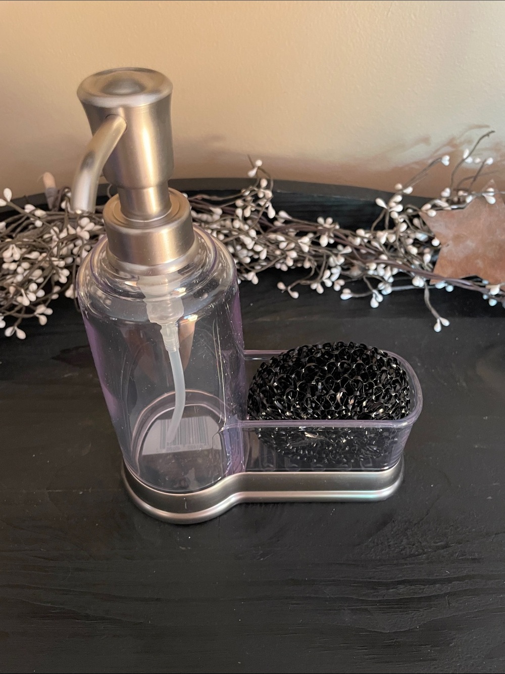 NEW!! IDesign Clear Soap Dispenser with Built-In Scrubber Holder - Silver Pump